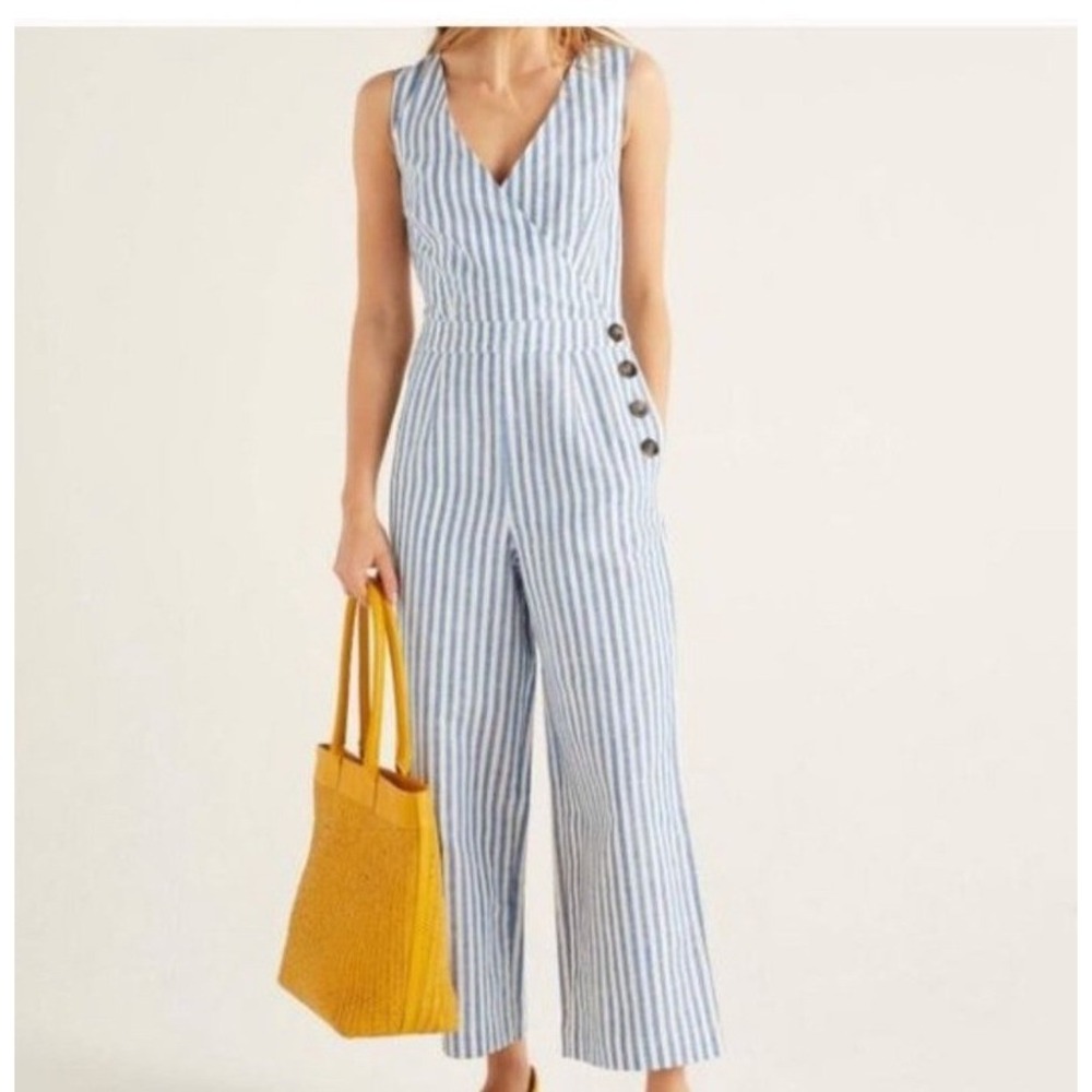 Boden Blue and White Linen Striped Sleeveless Jumpsuit